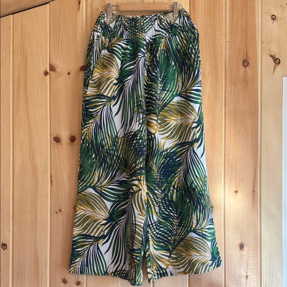 Tahari Green and Yellow Leaf Wide Leg Linen Blend Pants